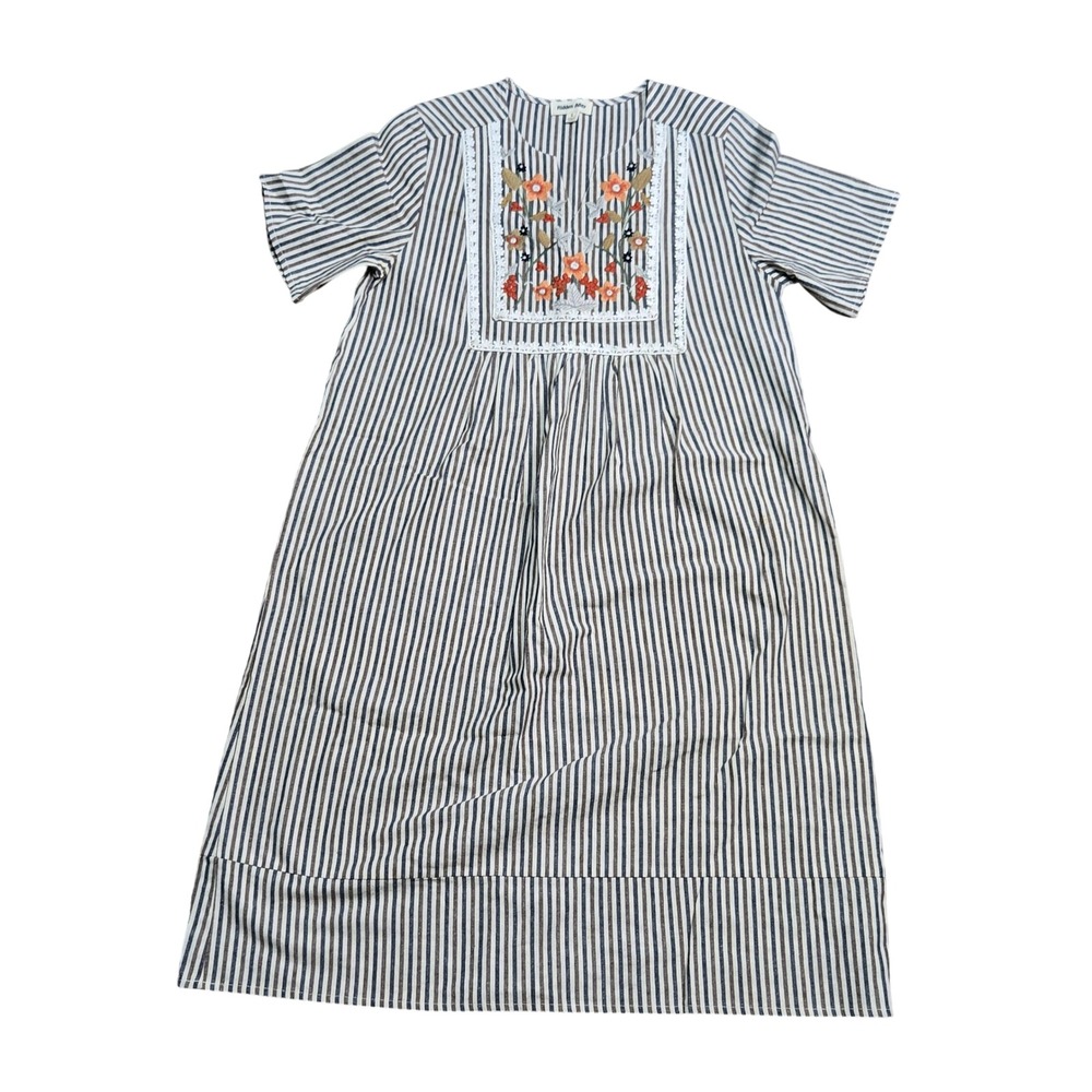 Hidden Alley Striped Floral Embroidered Lace Trim Midi Dress Blue Brown S
